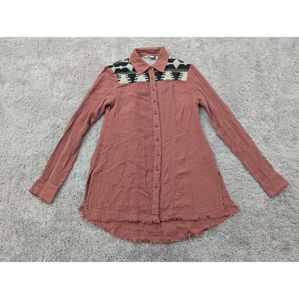 BKE Shirt Dress‎ Womens Small Long Sleeve Collared Embroidered Brown